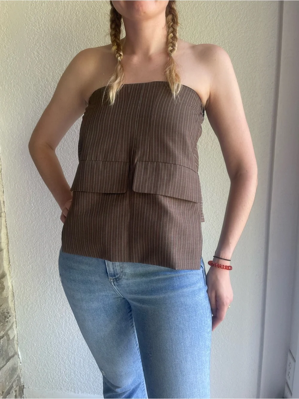 Sleeveless Brown Pinstripe Strapless Tube Top